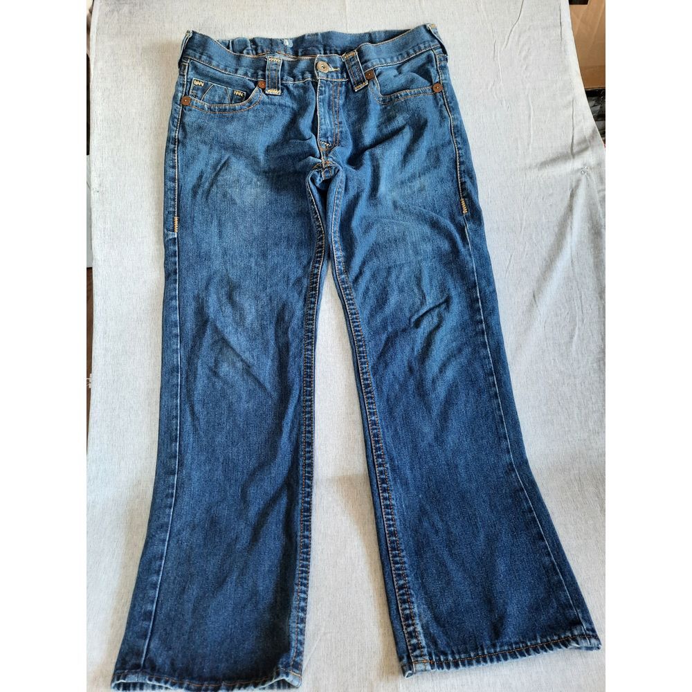 True Religion Men 36 Embroidered Heavy Weight Distress Cotton Denim Bootcut Jean